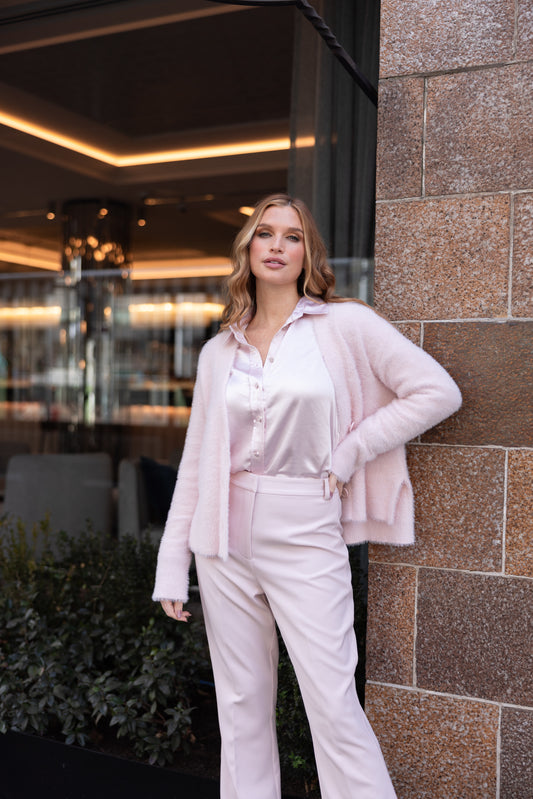 PALE PINK FLUFFY BUTTON THROUGH CARDIGAN