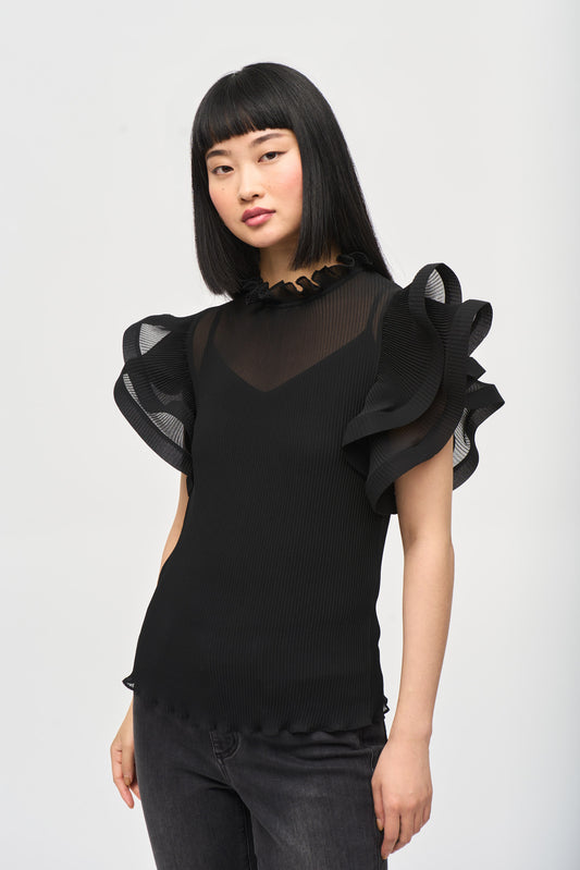 Chiffon Pleated Top With Ruffled Sleeves